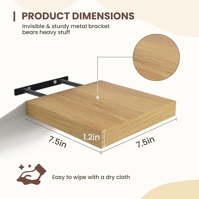 Fun Memories Floating Shelves for Wall - 7.5 Inch Square Shelves with Invisible Brackets, Oak Small Wall Shelf for Living Room, Bathroom, Bedroom, and Kitchen Decor，Set of 4