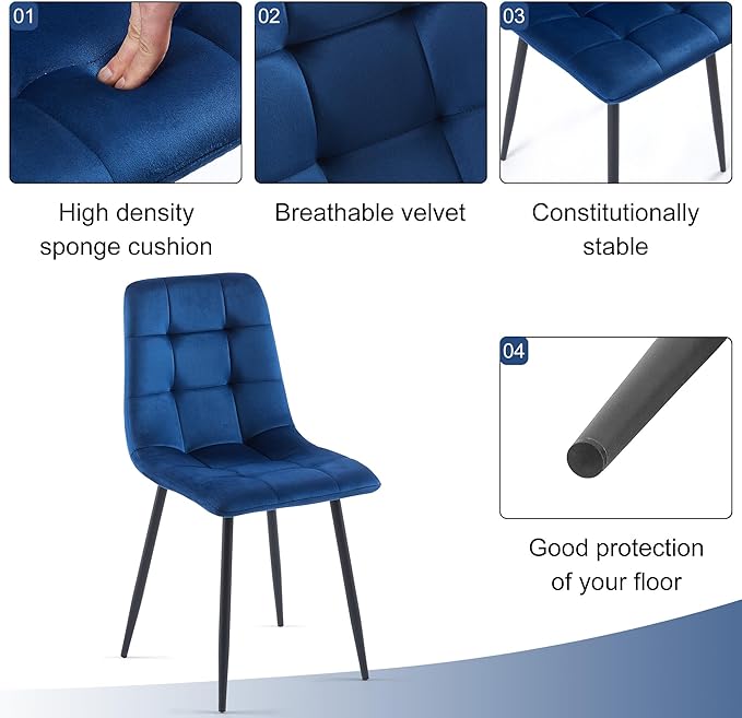Velvet Dining Chairs Set of 4 - Navy Blue Dining Room Chairs with Metal Legs Ideal for Kitchen, Dining Room - Kitchen Chairs Set for 4