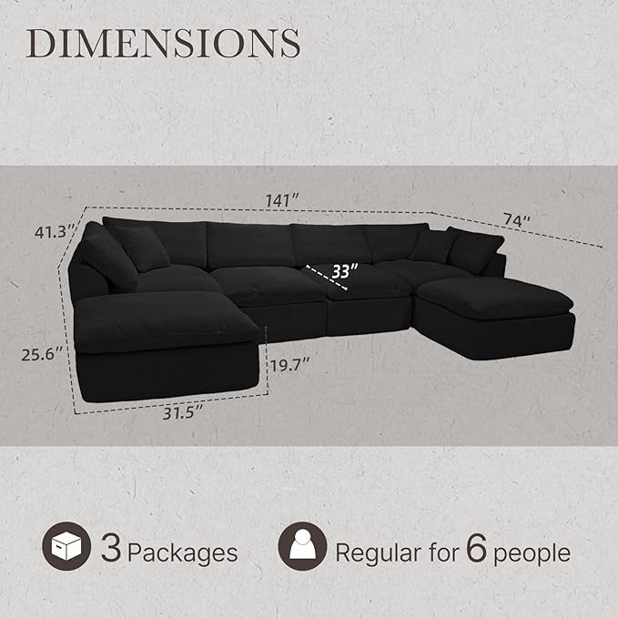 Cloud Modular Sectional Sofa Couch,141” U-Shape Sofa with Wide Armrest, Modern High-Density Sponge Compressed Couch for Living Room, Bedroom,No Assembly Needed (Black, 4 Seats+ 2 Ottoman)