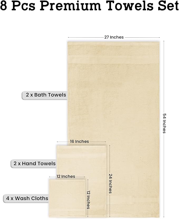 Casa Lino Bath Towel Set of 8 (2 Bath Towels, 4 Wash Cloths & 2 Hand Towels for Bathroom) - 100% Cotton - Highly Absorbent & Quick Dry - Guest Room Essentials for Bathroom Set - (Linen Brown)