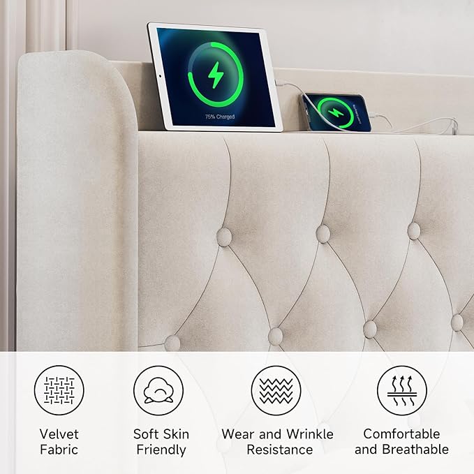 koorlian Full Size Bed Frame, Full Bed Frame with Headboard, Adjustable Velvet Upholstered Bed Frame with Type-C&USB Port, Wingback Storage Headboard, Solid Wood Slats Support, Noiseless, Beige