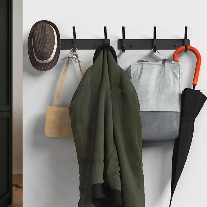 VAEHOLD 2PACK Coat Hooks Wall Hook for Hanging Clothes Robes Towels Hats Heavy Duty Coat Hanger Coat Rack Wall Mount with 3 Hooks - Black