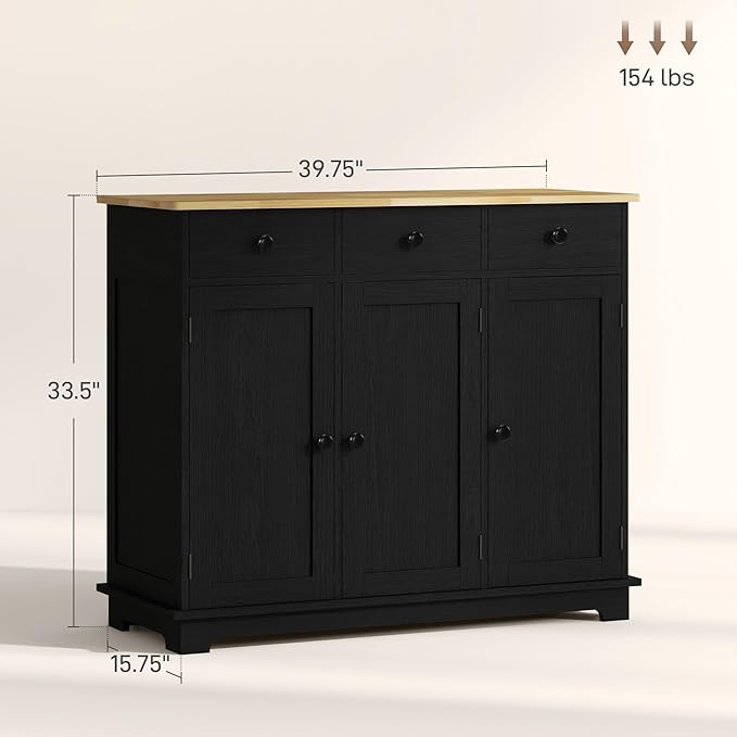 HOMCOM Sideboard with Solid Wood Countertop, Modern Kitchen Storage Cabinet, Coffee Bar Cabinet with 3 Drawers, Doors and Adjustable Shelf, Distressed Black