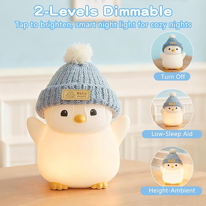 Penguin Night Light for Kids, Adorable Penguin Lamp with Hat, Food Grade Silicone Nursery Nightlight, Rechargeable/Dimmable/Timer,LED Squishy Novelty Animal Bedside Lamp,Funny Gifts for Boys