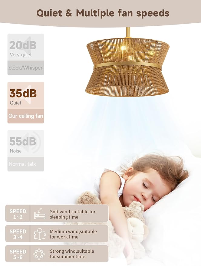 Boho Fandelier Ceiling Fan with Light and Remote Rattan Chandelier Fan Gold Caged Ceiling Fan with Light for Bedroom, Living Room Nursery Foyer Kitchen（6 Speed, Timing Adjustable Height）