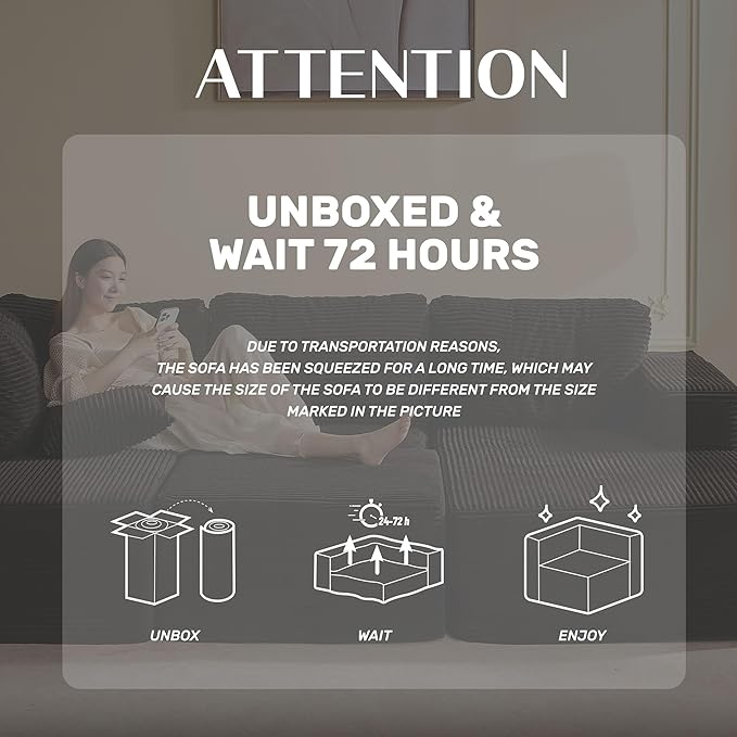 138" Boneless Couch with Deep Seat, Modular Sectional Sofa, Cloud Sectional Couch for Living Room, No Assembly Required, Corduroy, U-Shape 4 Seater Right, Black