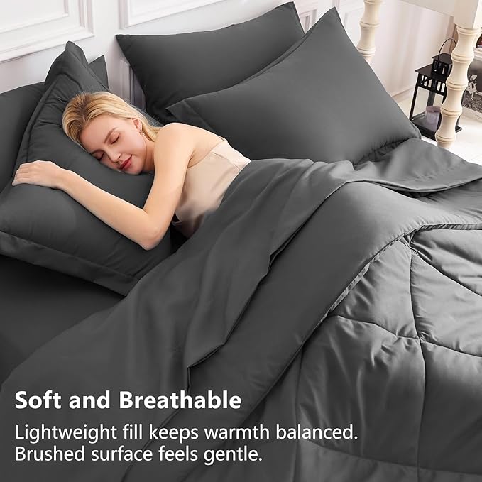CozyLux Oversized Queen Comforter Set Dark Grey, 7 Pieces Bed in a Bag Comforter Set with Sheets Luxury Bed Set All Seasons, Bedding Set with Down Alternative Comforter, Sheets, Pillowcases & Shams