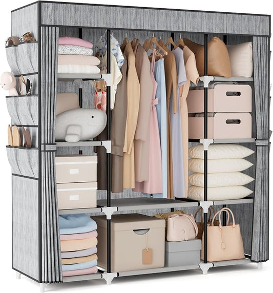 VTRIN Portable Closet Wardrobe for Hanging Clothes 57.3 Inch Large Capacity Clothes Rack with Cover, 10 Storage Organizer Shelves, 1 Hanging Rods and 6 Pockets, Free Standing Closet, Printing