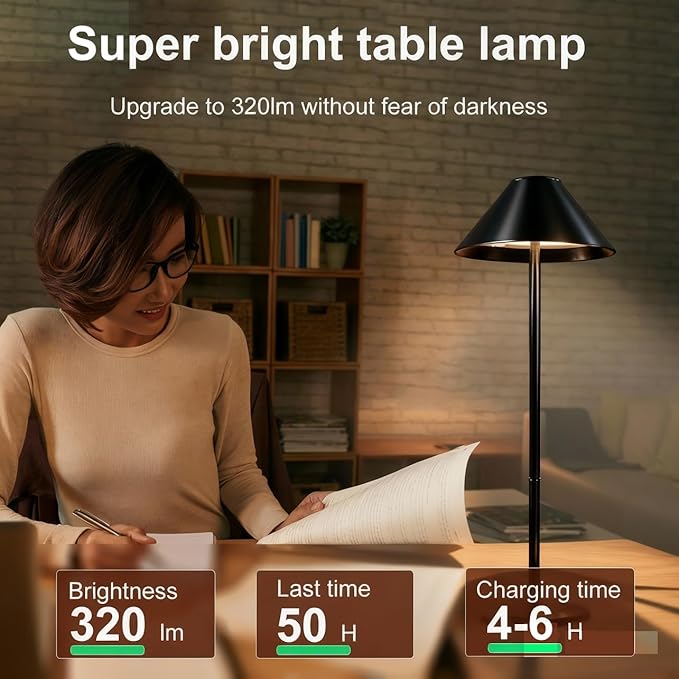 Black Cordless Lamp Set of 2, Rechargeable Battery Table Light Metal Lampshade with Flexible Height Pole, 3 Color Dimmable Bedside Touch Lamp, Portable Wireless Lamp for Reading/Home