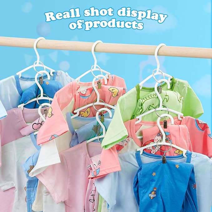 Baby Hangers with Metal Ring Clips, Children Plastic Hanger for Kids Pants Clothes Closet, 20 Pack, White