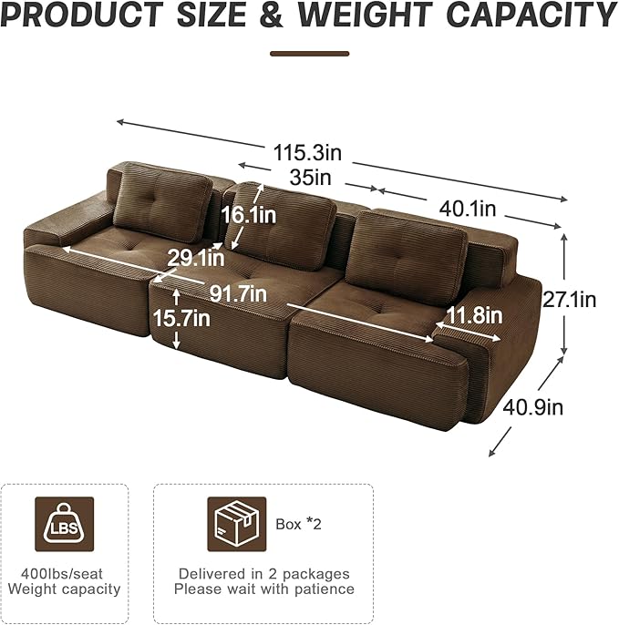 115" Modern Compressed Boneless Couch, 3 Seater Sectional Couches for Living Room, Brown Corduroy Cloud Modular Sectional Sofa, Comfy Memory Foam, Extra Deep, Sofas para Sala, No Assembly