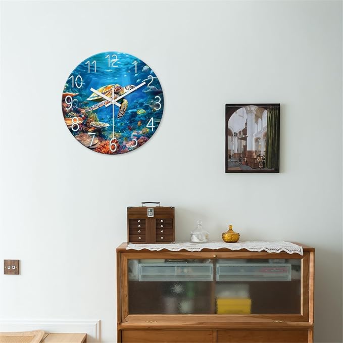 XNM 20 Inch Large Wall Clocks Battery Operated Glass Sea Turtle Ocean Clocks for Living Room Decor Blue Silent Wall Clock No Ticking