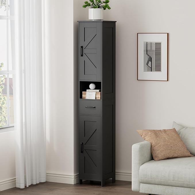 Homhedy 67" H Tall Bathroom Storage Cabinet with 2 Barn Doors and 1 Drawer, Narrow Storage Unit, Adjustable Shelves, Floor Cabinet for Bathroom, Living Room, Entryway, Kitchen, Black, (11.8" W)
