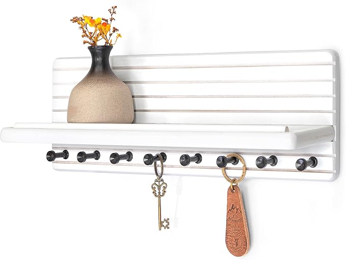 Rebee Vision Rustic Key Holder Wall Mount for Home Decor – Modern Key Hook with 8 Sturdy Hooks & Floating Shelf – Chic Wall Organizer for Entryway, Living Room, or Kitchen Decor(White)