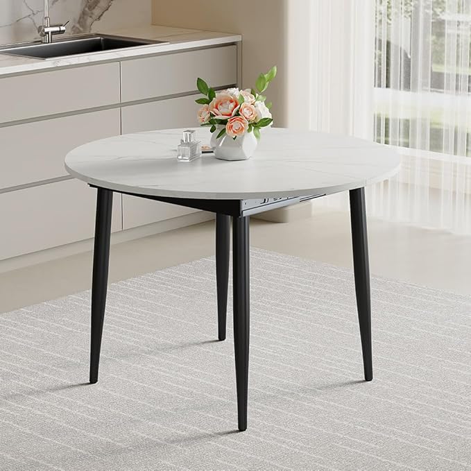 42"-54" Round to Oval Extendable Dining Room Table, White Faux Marble & Wood Grain Top with Black Metal Legs, Modern Round Dining Table for 4–6, Space-Saving Kitchen Table, Easy Assembly