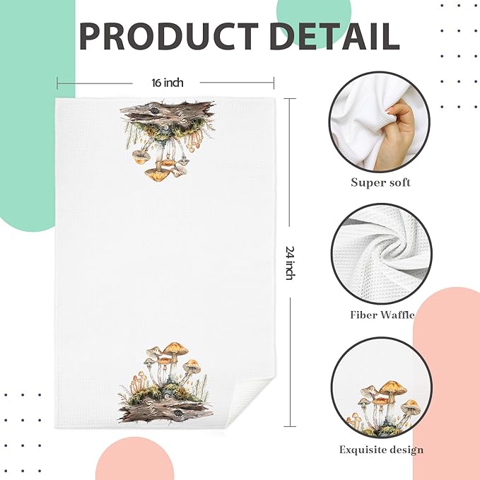 Mushroom Bathroom Decor Hand Towels, Mushroom Gifts for Women, Cottagecore Decor Dish Tea Towels, Rustic Botanical Mushrooms Hand Towel for Bathroom Kitchen, 16x24 Inch Set of 2