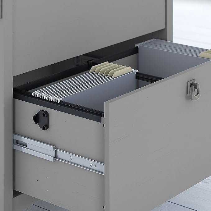 Bush Furniture Salinas L Shaped Desk with File Cabinet and 5-Shelf Bookcase 3 Piece Living Room Furniture Set in Cape Cod Gray Storage Cabinet, Bookshelf & Office Desk