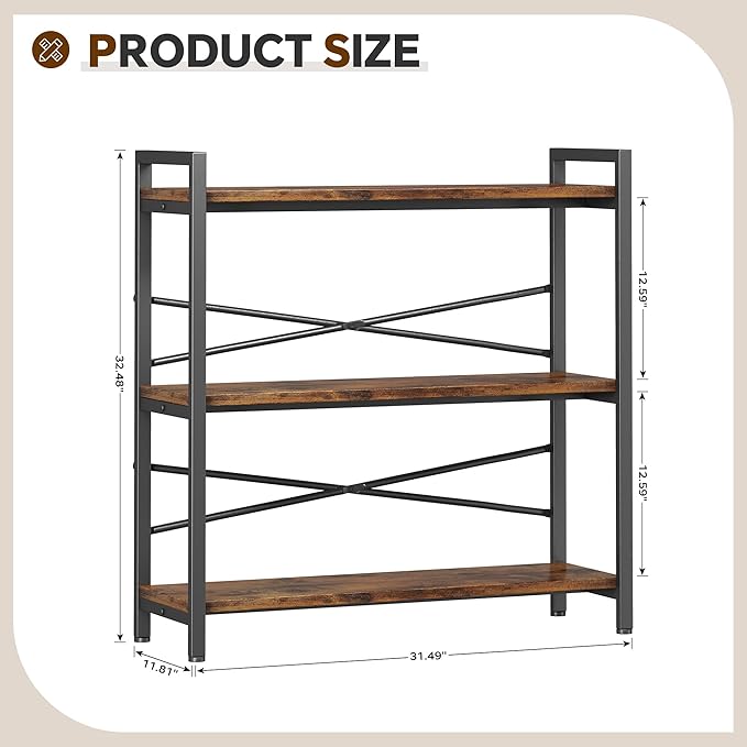 Book Shelf, 3 Tier Bookshelf 31.49" Width, Book Shelf Storage and Organization, Wooden and Metal Industrial Bookcase, Large Book Shelves for Home Living Room Bedroom Office Storage(Vintage)