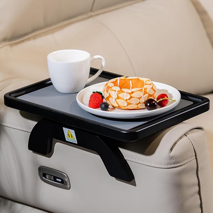 Couch Armrest Table, Foldable Bamboo Sofa Arm Tray for Couch with a Non-Slip Pad, Clip On Couch Arm Table for Remotes/Eatting/Drinks, Fits Sofa Armrest 3.5"-13.5" Black