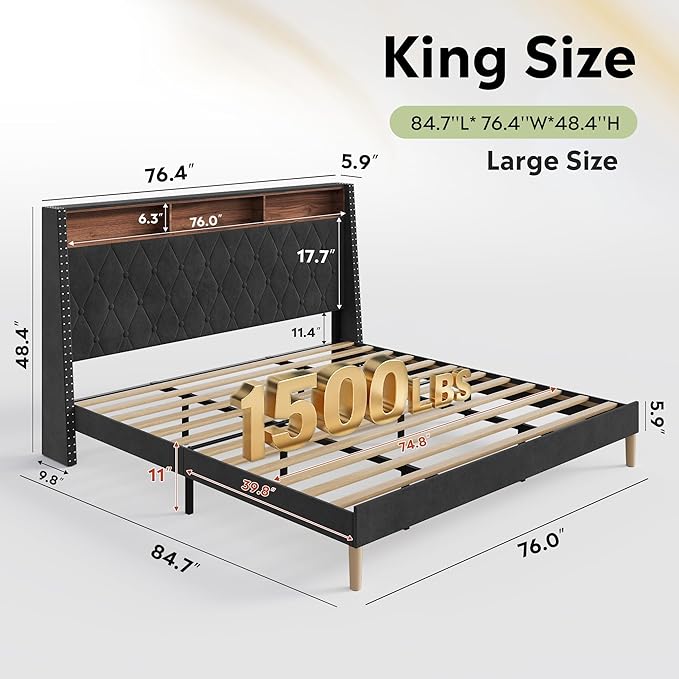 WLIVE King Size Upholstered Bed Frame with Storage Headboard, Velvet Square Tufted Platform Bed with Charging Station, Sturdy Metal & Wooden Slats Support, No Box Spring Needed, Black