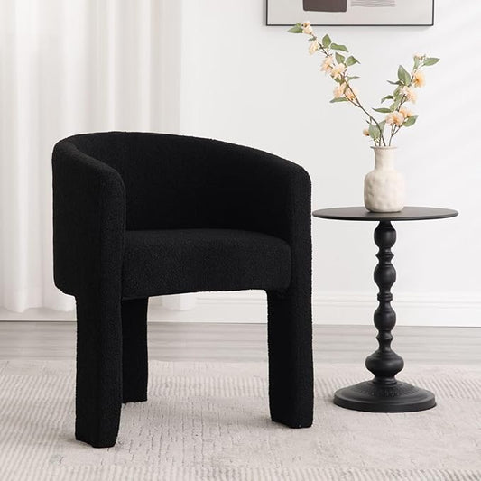 Modern Sherpa Barrel Dining Chair, Upholstered Boucle Dining Chair Accent Chair with Arms Comfy Makeup Vanity Chair, Dining Living Room Kitchen Chair, Black
