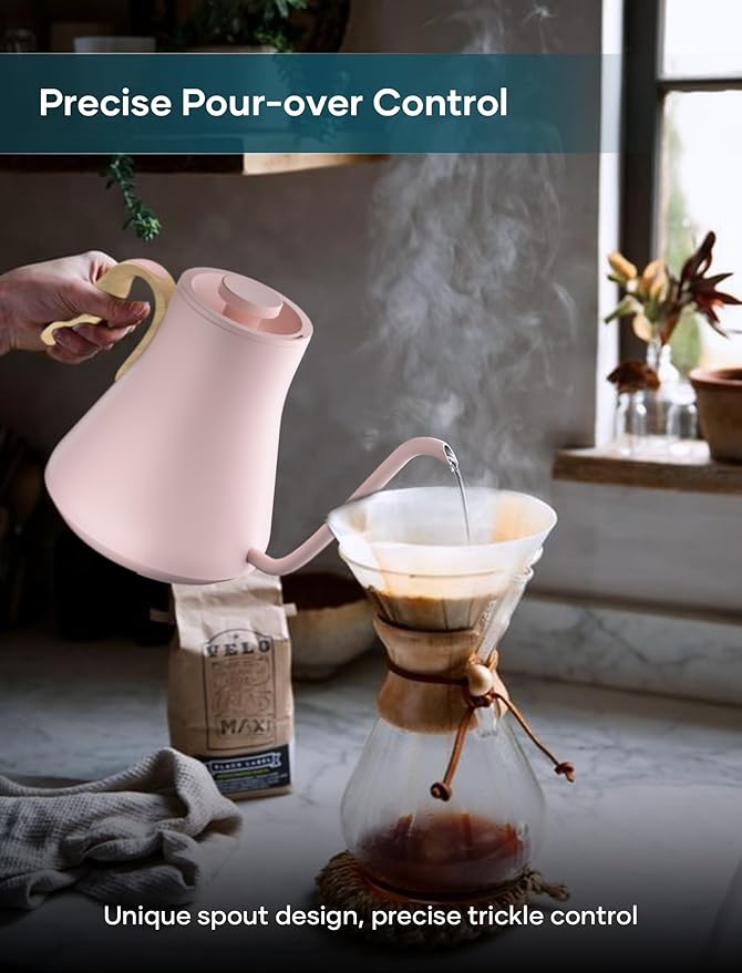 Gooseneck Electric Kettle with ±1℉ Temperature Control for Pour Over Coffee & Tea, Quick Heating, BPA-Free Stainless Steel, Built-in Brew Timer, 1500W/0.9L (Munch Pink)