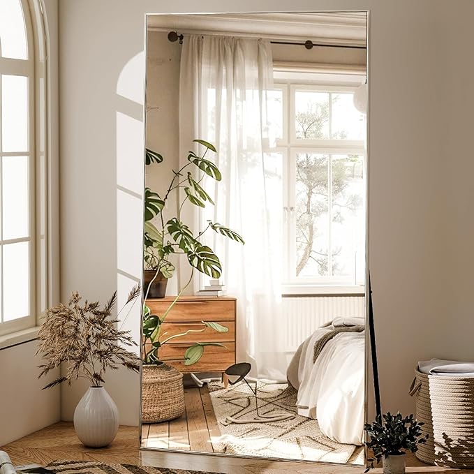 GLSLAND 71"x31" Full Length Mirror Extra Large Hanging or Leaning Rectangle Mirror Aluminum Alloy Thin Frame Bedroom Floor Dressing,Silver