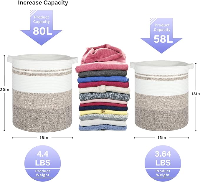 OIAHOMY 58L Laundry Baskets-Laundry Hamper, Storage Basket with Handles, Decorative Basket for Living room, Woven Storage Basket for Toys Bin, Pillows, Blankets, Clothes-18x16in-Gradient Brown