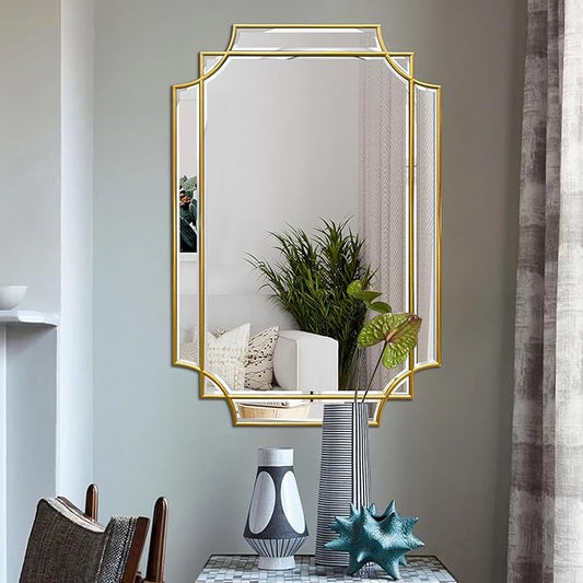 Rectangle Beveled Mirror, 36"x24" Bathroom Vanity Mirrors for Over Sink, Modern Elegant Decorative Mirrors for Wall, Gold Wood Frame Mirrors for Living Room Bedroom Fireplace Entryway