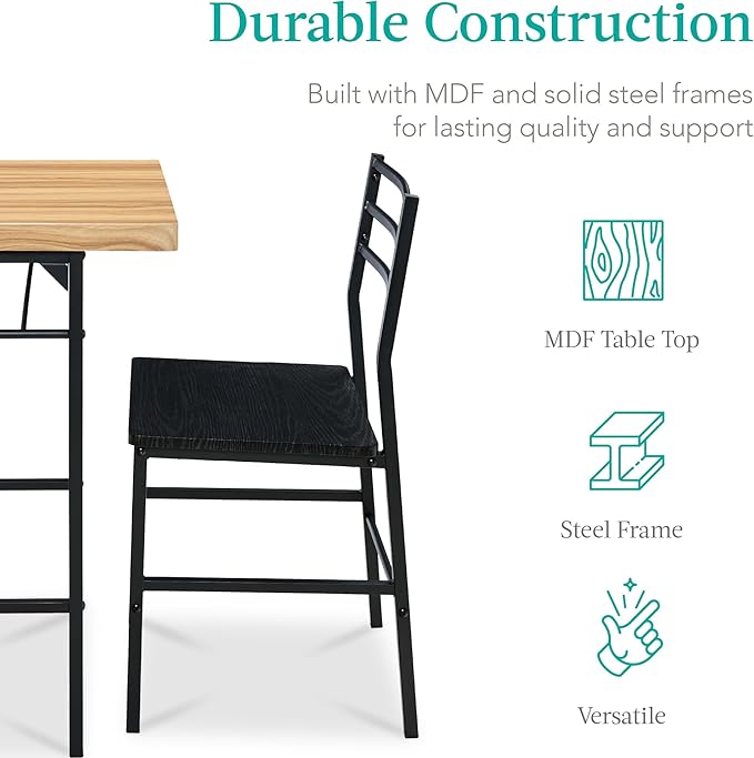 Best Choice Products 3-Piece Modern Dining Set, Space Saving Dinette for Kitchen, Dining Room, Small Space w/Steel Frame, Built-in Storage Rack - Oak/Black