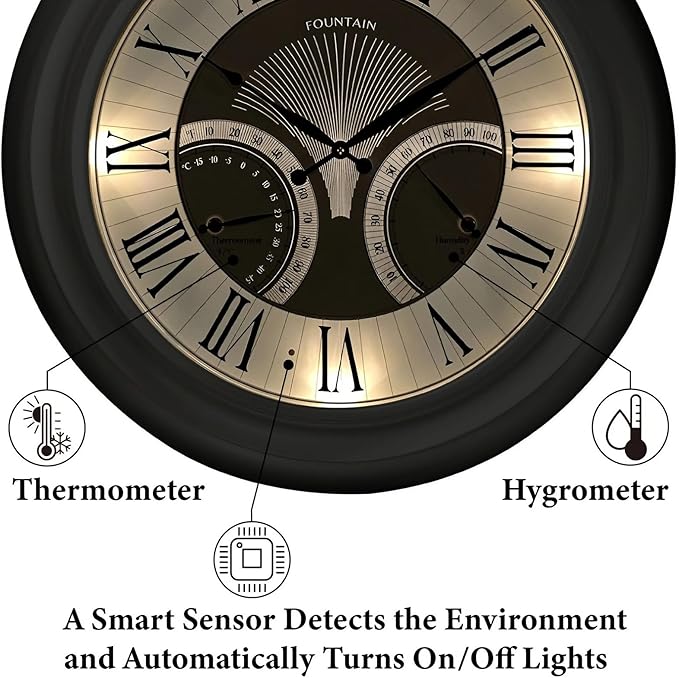 24 Inch Outdoor Clocks Waterproof, Self-Illuminated Large Outdoor Clock with Thermometer and Hygrometer Combo for Patio,Pool and Garden Decor,Roman Numeral,Morning Silver