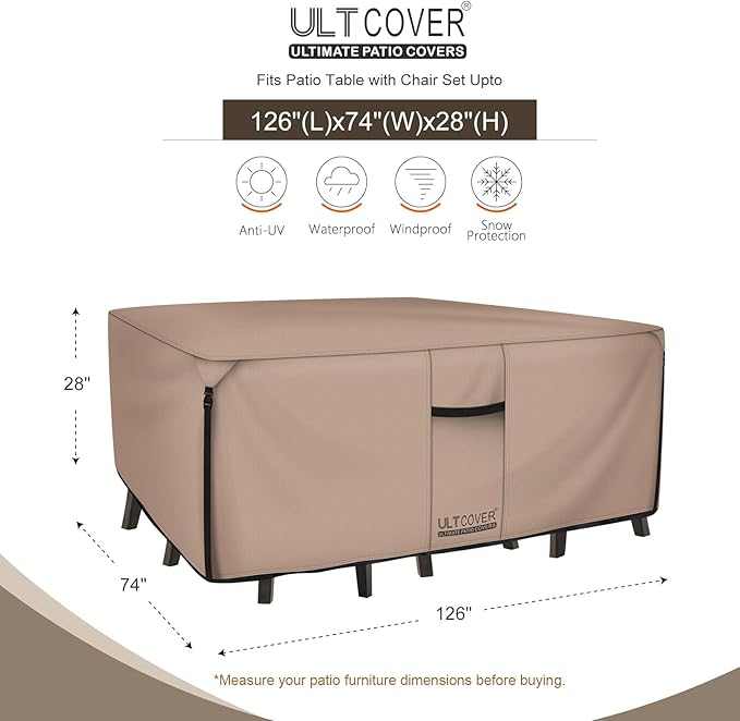 ULTCOVER Rectangular Patio Heavy Duty Table Cover - 600D Tough Canvas Waterproof Outdoor Dining Table and Chairs General Purpose Furniture Cover Size 126L x 74W x 28H inch
