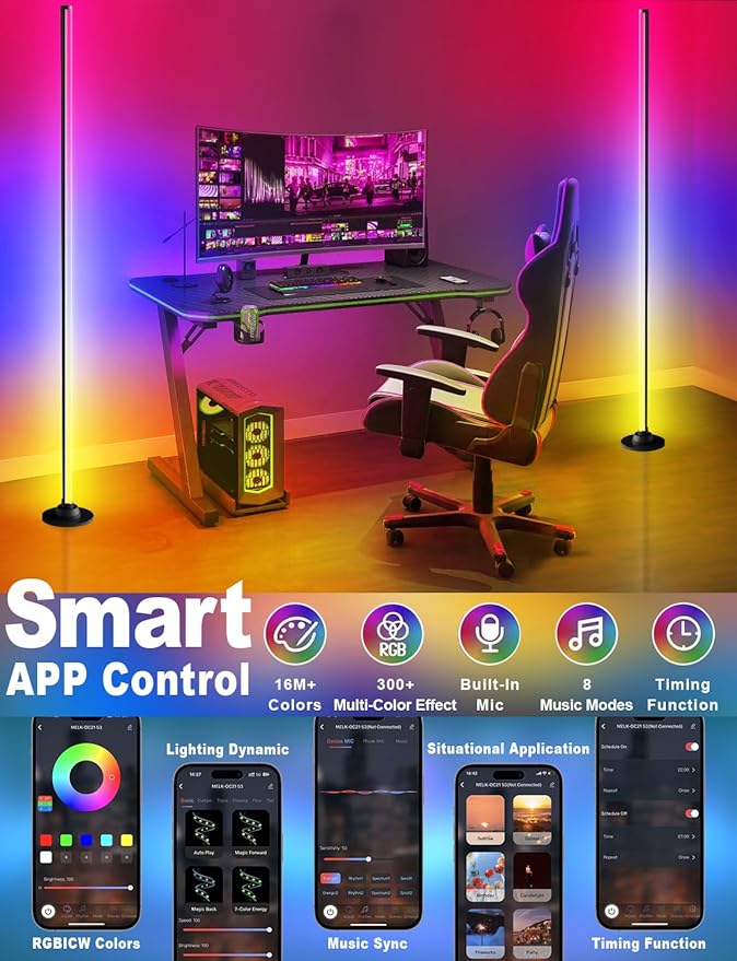 Floor Lamp with RGB,Smart LED Corner Lamp with16-Million Colors / 234-Dynamic Lighting / 8-Music Sync/Timer Setting/App&Remote Control,Ideal for Living Room, Bedroom, Gaming Room-Black