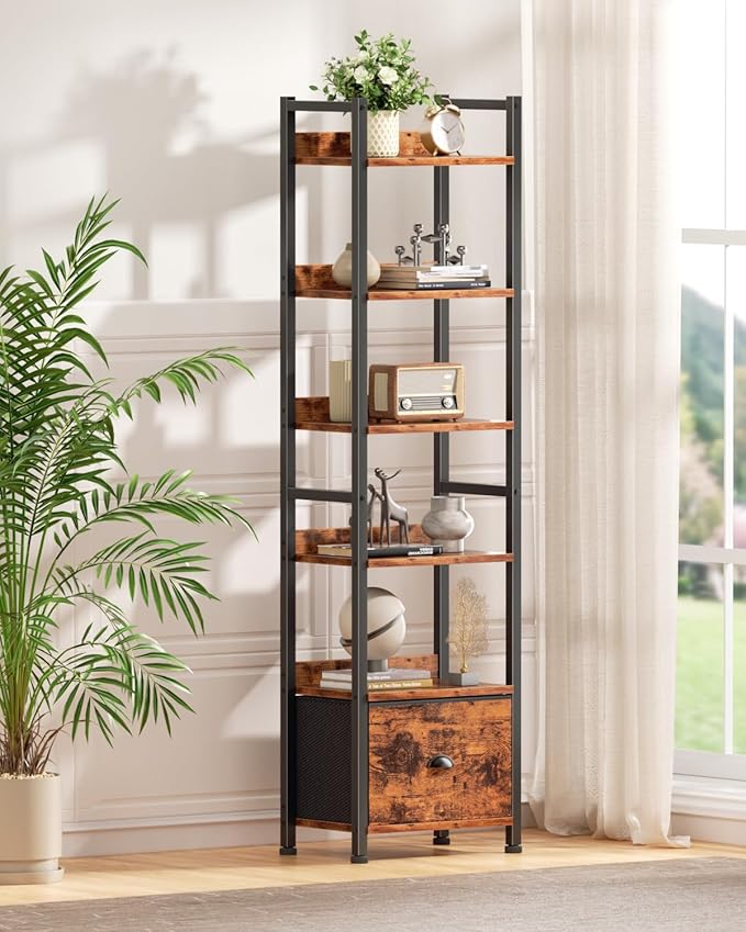 Furologee 6 Tier Bookshelf, Tall Shelf with Drawer, Wood and Metal Bookshelves Storage Organizer, Industrial Display Shelving Unit for Bedroom, Living Room, Home Office, Rustic Brown