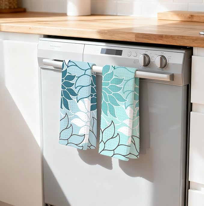 2-Pack Boho Floral Abstract Waffle Towels, Flower Hand Towel for Bathroom Decor, 16x24 Inch Neutral Azure & Blue Flower Dish Tea Towel Decor for Kitchen/Bath/SPA,Gift for Friends.