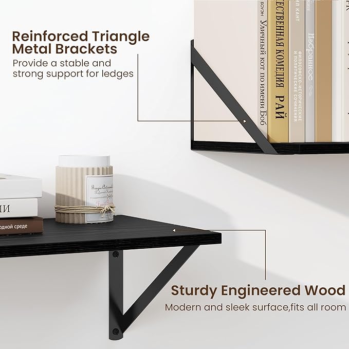 Fun Memories Deep Floating Shelves for Wall, 24W x 8D Wall Mounted Shelves Set of 2, Wide Display Ledge Shelf with Sturdy Metal Brackets for Living Room, Bathroom, Bedroom and Kitchen, Black