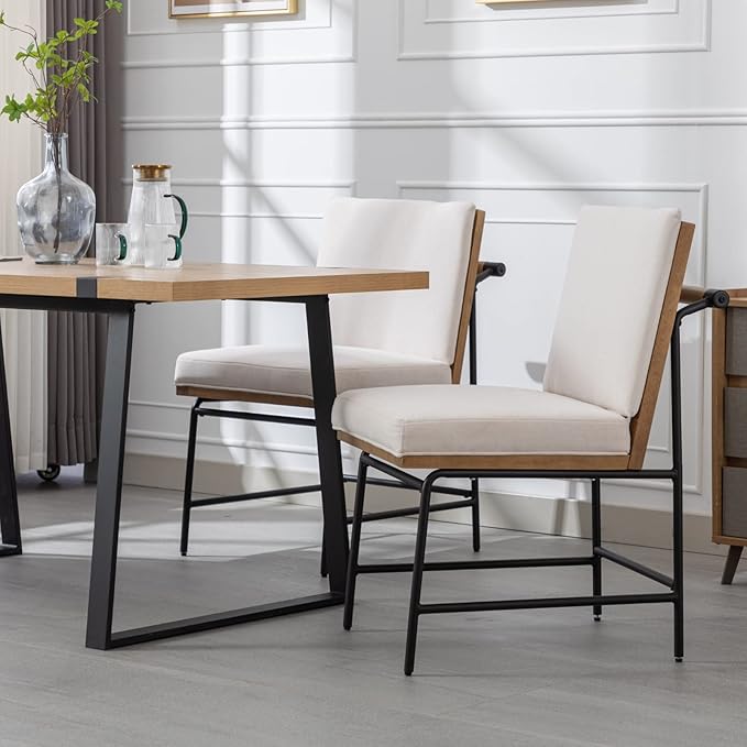 HEAH-YO Modern Dining Chairs Set of 2, Upholstered Linen Fabric Dining Room Chairs with Backrests, Armless Kitchen Chairs for Dining Room, White