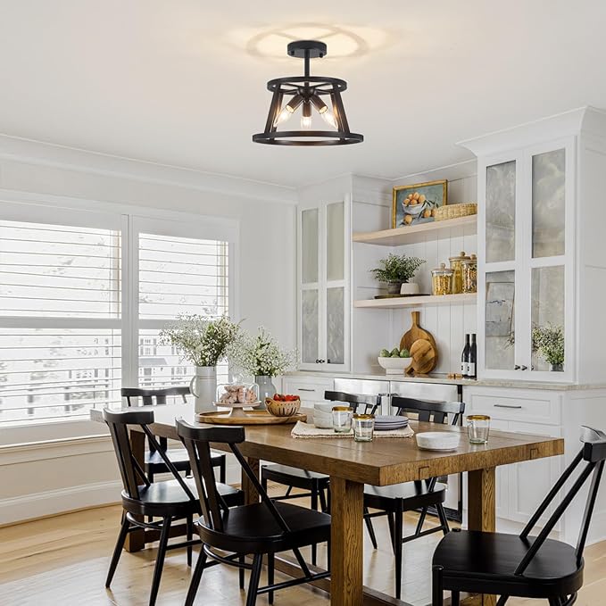 12.59" Black Semi Flush Mount Ceiling Light, 3-Light Modern Close to Ceiling Light Fixtures, Hallway Light Fixtures, Metal Ceiling Lamp for Entryway Bedroom Laundry Dining Room Lighting, UL Listed