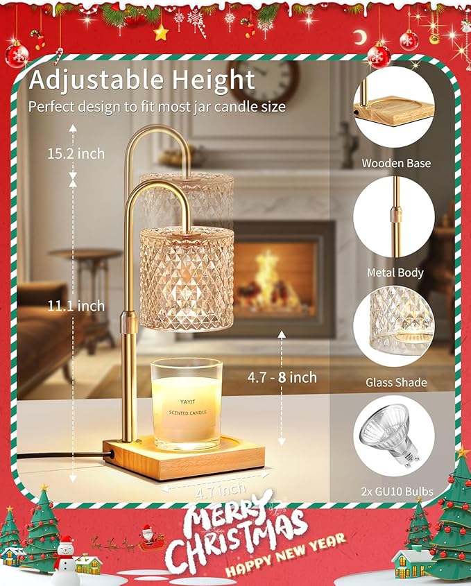 Candle Warmer Lamp with Timer Dimmer Adjustable Height, Candle Warmer with 2 Bulbs for Jar Candles, Home Decor, Birthday Gifts for Women