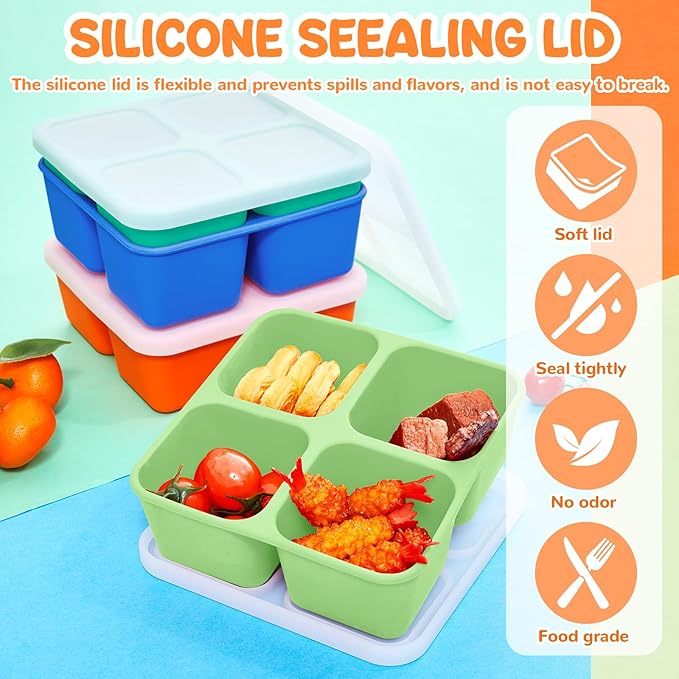 Roshtia 4 Pack Silicone Food Containers with Lids, Reusable Packs Bento Lunch Box for Meal Prep Food Storage, Microwave Dishwasher Safe (4 Compartment,Light)