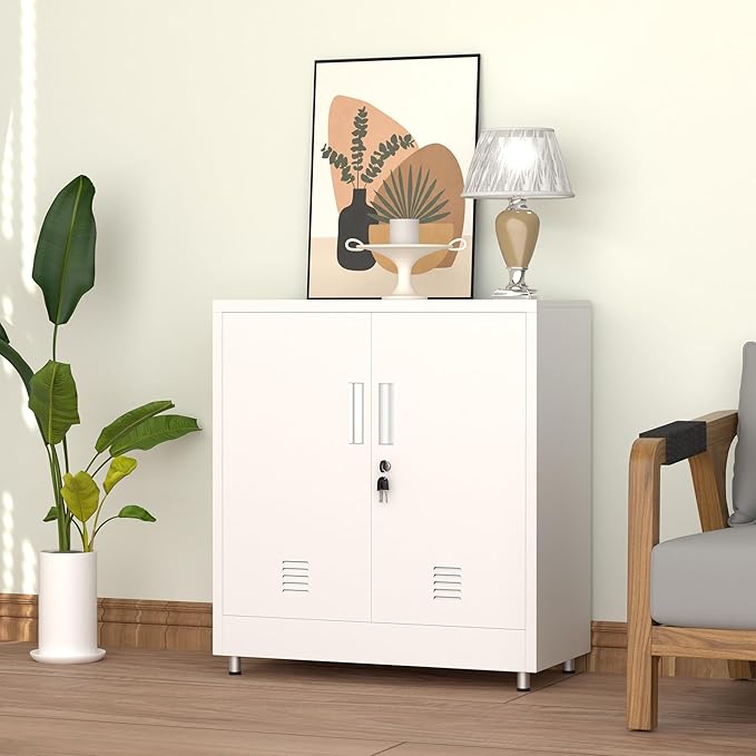 Metal Storage Cabinet with Locking Doors and Adjustable Shelf, Small Lockable Sideboard Buffet Cabinet for Home, Office, Entryway, Hallway, Living Room, Kitchen and Dining Room (White)