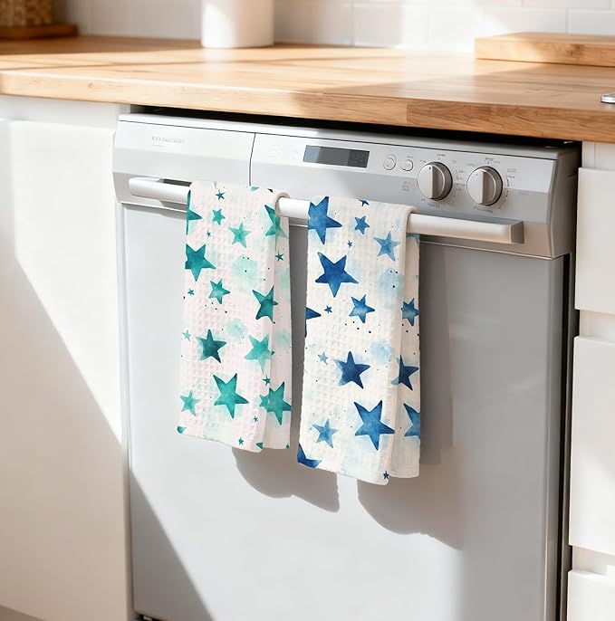 2-Pack Watercolor Star Towel, Star Waffle Towels, Nursery & Bathroom Hand Towel, 16x24 Inch Blue & Azure Dish Tea Towel Decor for Kitchen & Nursery & Bathroom, Gift For Friends & Homeowners.