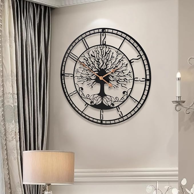 Tree of Life Wall Clock, 24inch Black Metal Wall Clock, Silent Quartz Movement, Modern Home Decor