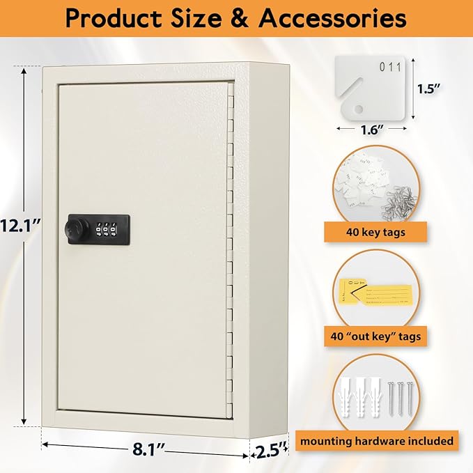 KYODOLED Key Storage Lock Box with Code, Locking Key Cabinet, 40 Key Holder Wall Mount with Combination Lock, Hooks & Tags Labels for Home, Office, Business, 2.5" D x 8.1" W x 12.1" H, White