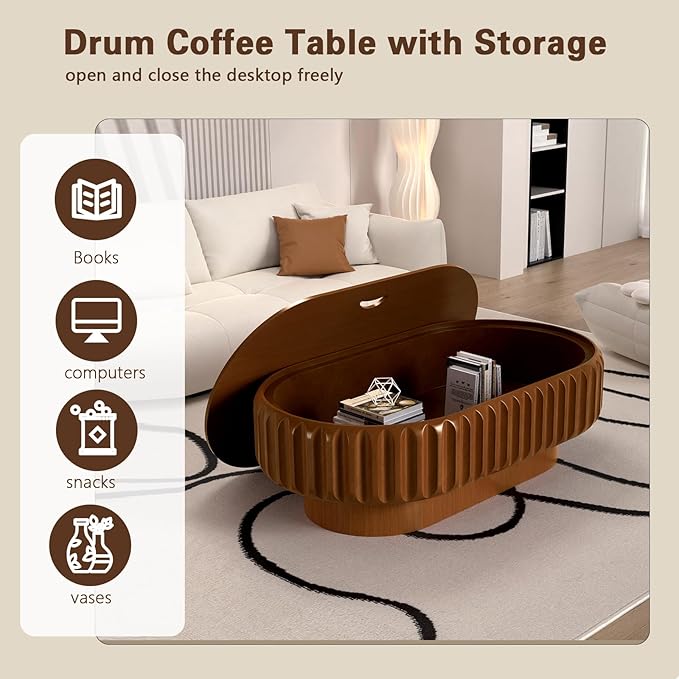43.3" Oval Drum Coffee Table with Storage Modern Unique Fluted Tea Table Contemporary Wood Oval Coffee Table Centr Table for Living Room Apartment (Brown oval-43.3in)