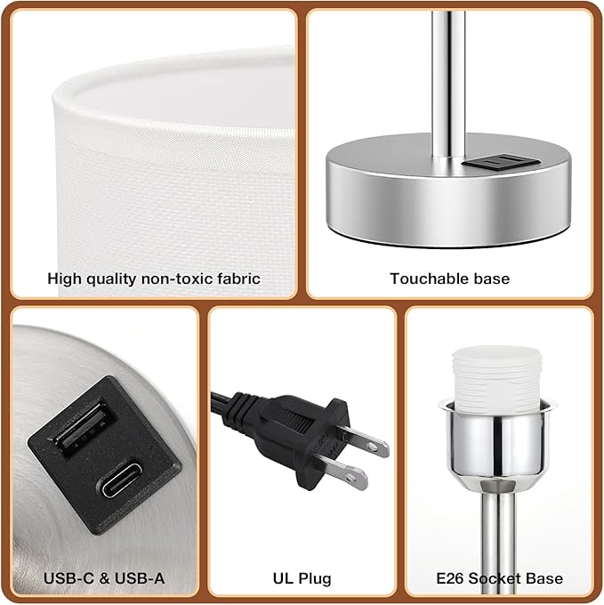 Dicoool White Touch Bedside Lamp with USB - 3 Way Dimmable Table Lamp for Bedroom, Nightstand Lamp with Nickel Charging Station and Silver LampHolder for Dorm Kids Room, Small