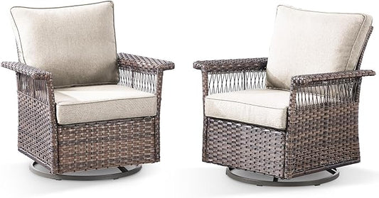 Outdoor Swivel Glider Chairs Set of 2 - Hollow Widen Armrests Wicker Patio Furniture Set, Comfortable High Back Outside Swivel Rocker for Balcony Porch Deck and Yard - Brown/Beige