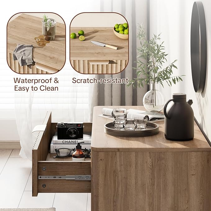 Sideboard Buffet Cabinet with Storage - Modern Fluted Credenza with Doors & Drawer, Accent Cabinet Coffee Table Bar Counter Bookcase for Living Room Kitchen Dining Room Entryway 31" H Oak