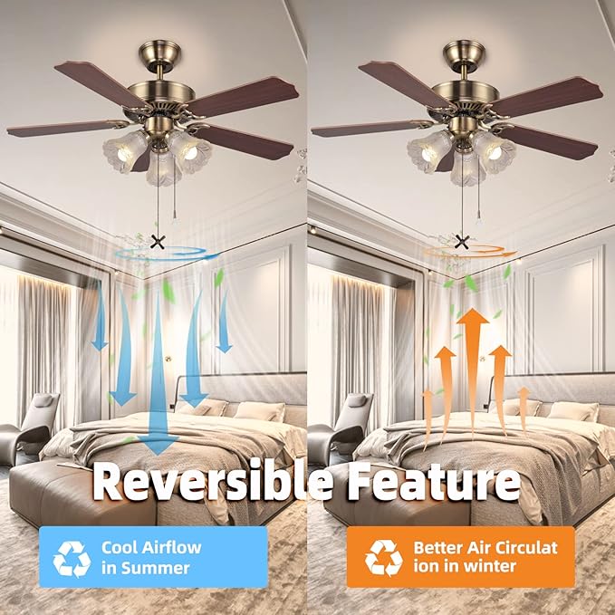 42 Inch Indoor Ceiling Fan with Pull-Chain and Three LED Light Bulbs Base, Traditional 3-Speeds Reversible Blades Ceiling Fan (Antique)