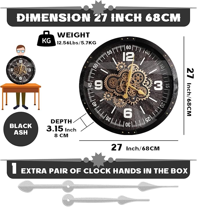 Wall Clocks for Living Room Decor, Large Real Moving Gears Clock, Vintage Industrial Oversized Rustic Farmhouse Kitchen Office Fireplace Wall Decor (Grey Black, 27 inch)
